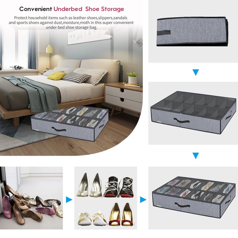 Onlyeasy Large Under Bed Shoe Organizer (6 to 12 Pairs x 2) - Underbed Shoes Closet Storage Solution with Metal Zipper and 2 Handles, Breathable, 29.3"x23.6"x5.9", Linen-like Grey, MXDUBSB2P - Image 5